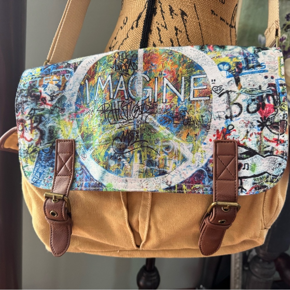 Madden Girl Colorful Graffiti Print Messenger Bag. - Picture 2 of 14